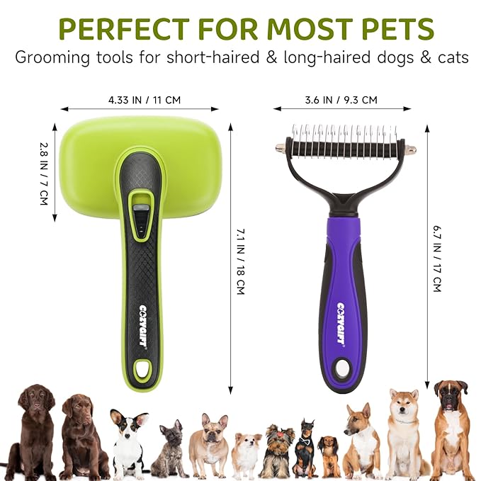 Dog Brush Kit – 3 PCS Grooming Set with Self-Cleaning Brush, Undercoat Rake &amp; Pet Bath Brush. Great for Shedding, Tangles &amp; Dirt Removal – Ideal for Long &amp; Short Haired Dogs &amp; Cats, Green