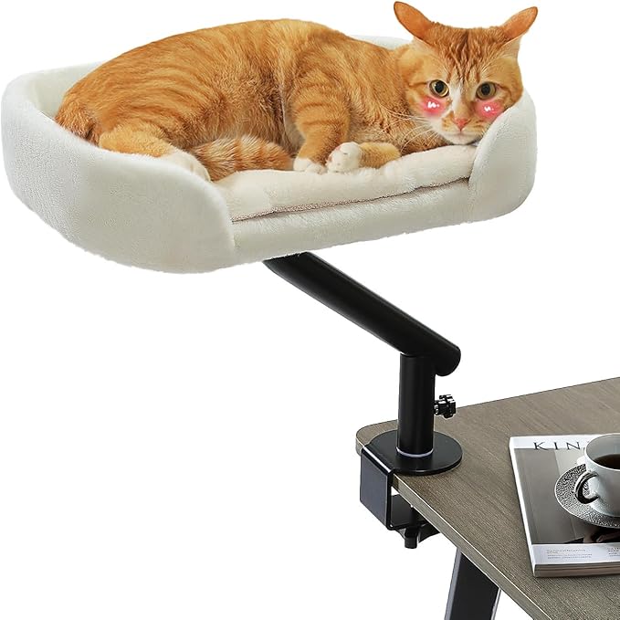 PAWZ Road Cat Desk Bed for Indoor Cats, Cat Bed for Desk Supports Up to 50 lbs, 360° Rotation &amp; Adjustable, Nest Desktop Attachment Cats Hammock for Table, White