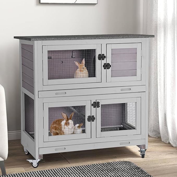 Gutinneen 2-Story Rabbit Hutch with Chew-Proof Ramp, 36" Indoor/Outdoor Rabbit Cage with 4 Casters &amp; 2 Pull-Out Trays, Wooden Bunny Hutch Leakproof Small Animal Cage for Rabbits, Guinea Pigs