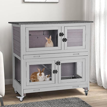 Gutinneen 2-Story Rabbit Hutch with Chew-Proof Ramp, 36" Indoor/Outdoor Rabbit Cage with 4 Casters &amp; 2 Pull-Out Trays, Wooden Bunny Hutch Leakproof Small Animal Cage for Rabbits, Guinea Pigs