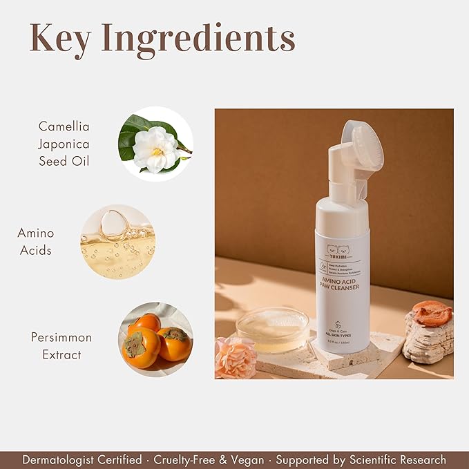 YUKIMI Premium Amino Acid Paw Cleanser with Silicone Bristle Brush for Dogs &amp; Cats | Dermatologist Certified Hypoallergenic | Hydrating, Soothing, Deodorizing, Moisturizing | pH Balanced - 5.0 Fl Oz