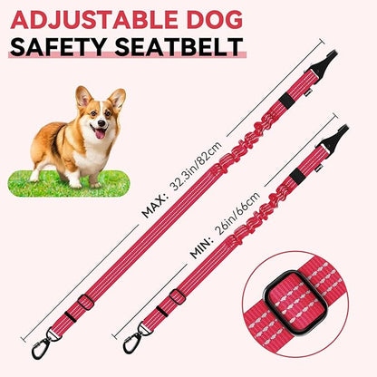 Pawaboo Dog Seatbelt for Car, 3-in-1 Dog Seat Belt Bungee, Shockproof Dogs Tether for Car with Buckle &amp; Hook Latch, Adjustable Reflective Dogs Cars Harness Leash with 360° Lockable Buckle, Red