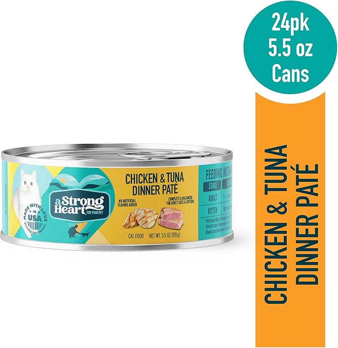 A Strong Heart Canned Wet Cat Food, Chicken &amp; Tuna Dinner Paté - 5.5 oz Cans (Pack of 24), Made in The USA with Real Chicken &amp; Tuna