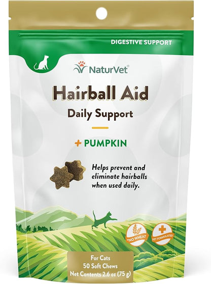 NaturVet Hairball Remedy Vitamin &amp; Digestive Aid Supplement for Cats – Pet Health Supplement for Cat Hairballs, Digestive System Support – Includes Pumpkin, Vitamins – 50 Ct.