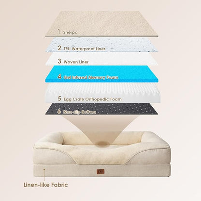 EHEYCIGA Memory Foam XL Dog Bed for XLarge Sized, Extra Large Orthopedic Dog Sofa with Sides and Waterproof Liner, Washable Bolster Pet Bed Couch with Removable Cover, 42x30x7.5 Inch, Beige