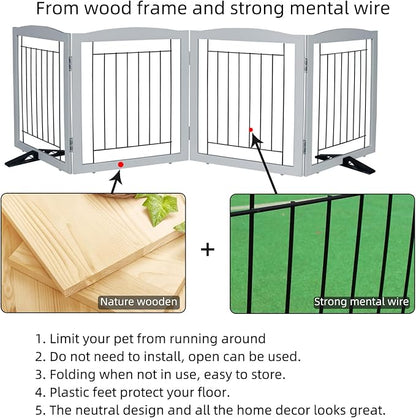ZJSF Freestanding Dog Fence Indoor, Foldable Dog Gate for Doorways, Stairs or Hallways, Sturdy Wood Extra Wide Pet Gate with Support Feet for The House, Grey, 32 "Height-4 Panels