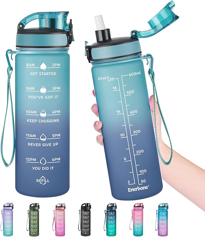 Enerbone Water Bottle, Leakproof BPA &amp; Toxic Free, Motivational Water Bottle with Times to Drink and Straw, Fitness Sports Water Bottle with Strap for Office, Gym, Outdoor Sports