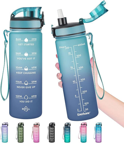 Enerbone Water Bottle, Leakproof BPA &amp; Toxic Free, Motivational Water Bottle with Times to Drink and Straw, Fitness Sports Water Bottle with Strap for Office, Gym, Outdoor Sports