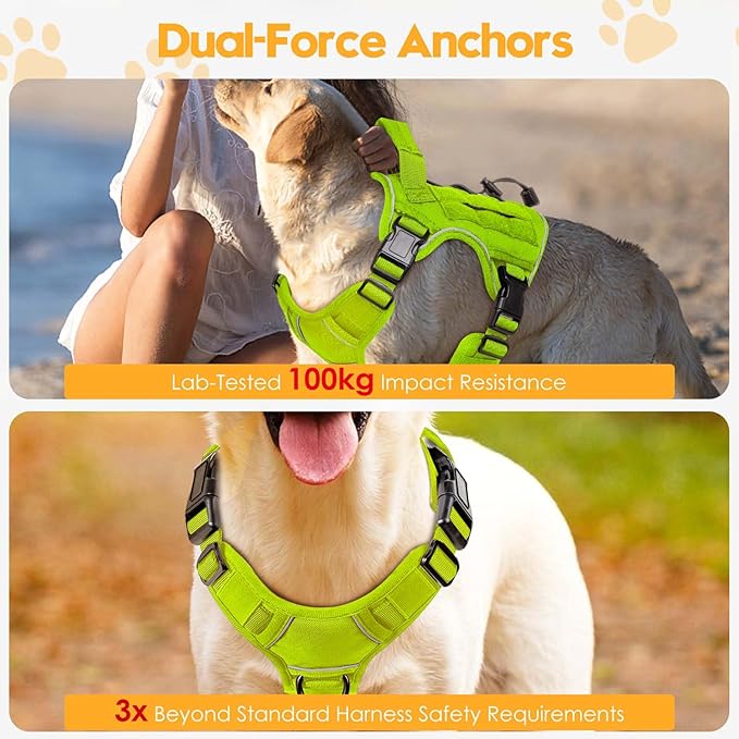 Heavy-Duty Tactical Dog Harness for Large Dogs, No Pull Adjustable Reflective Pet Vest with Molle System, K9 Military-Grade Control for Service Training, Outdoor &amp; 10+ Breeds, Wild Lime, Medium