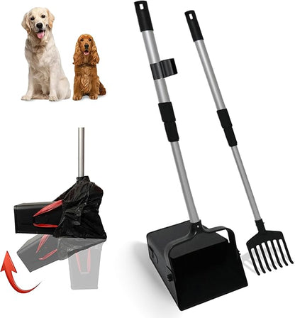 Pooper Scooper Metal 38" Long Adjustable Handle Swivel Bin &amp; Rake for Large &amp; Small Dogs Non-Breakable Dog Poop Scooper Easy to Clean Pet Waste Use on Grass, with 20 Waste Bags