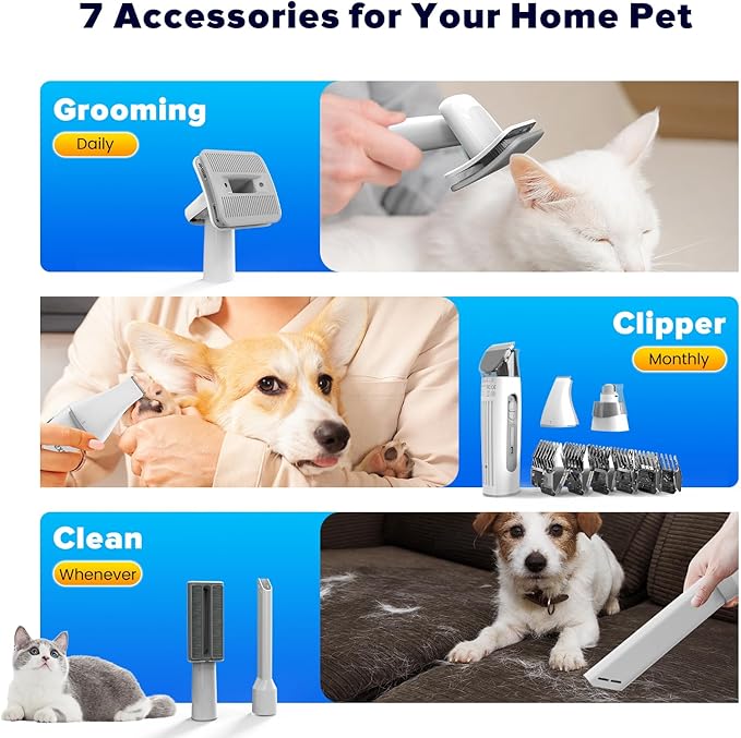 Dog Grooming Kit &amp; Dog Hair Vacuum,15000 Pa Powerful Suction, Pet Grooming Vacuum Removes 99% Pet Hair, Includes Clippers, Brush, Nail Trimmer Grinder, Stainless Steel