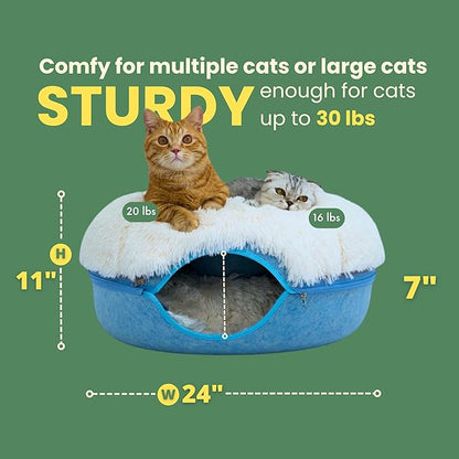 CATTASAURUS Peekaboo Cat Cave for Multiple &amp; Large Cats Up to 30-45 Lbs, Fluffy Cat Beds for Indoor Cats, Scratch Detachable &amp; Washable Tunnel Bed, Comfy Donut Cat Cave (Blue, Large (Calming))