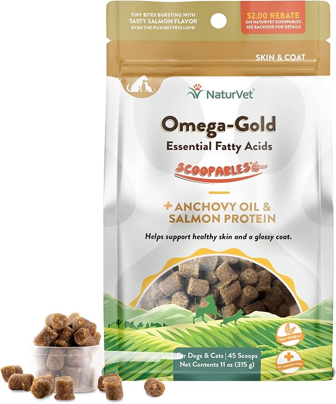 NaturVet Scoopables Omega-Gold Anchovy Oil &amp; Salmon Supplement For Dogs and Cats - Supports Healthy Skin &amp; Coat Plus DHA, EPA, Omega-3, &amp; Omega-6 - Anchovy &amp; Salmon Flavored For Dog and Cat | 11oz Bag