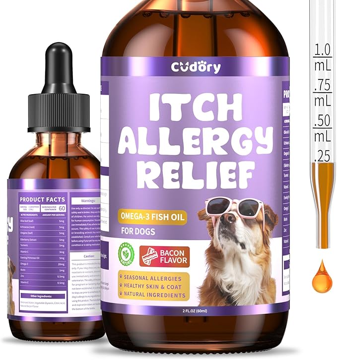 Dog Allergy Relief Drops, Skin &amp; Coat Support with Fish Oil and Omega-3, Natural Immune Supplement for Dogs – Seasonal Allergy &amp; Itchy Skin Care – Soothes Sensitive Skin, Itch Relief for Dog, 2 Fl oz