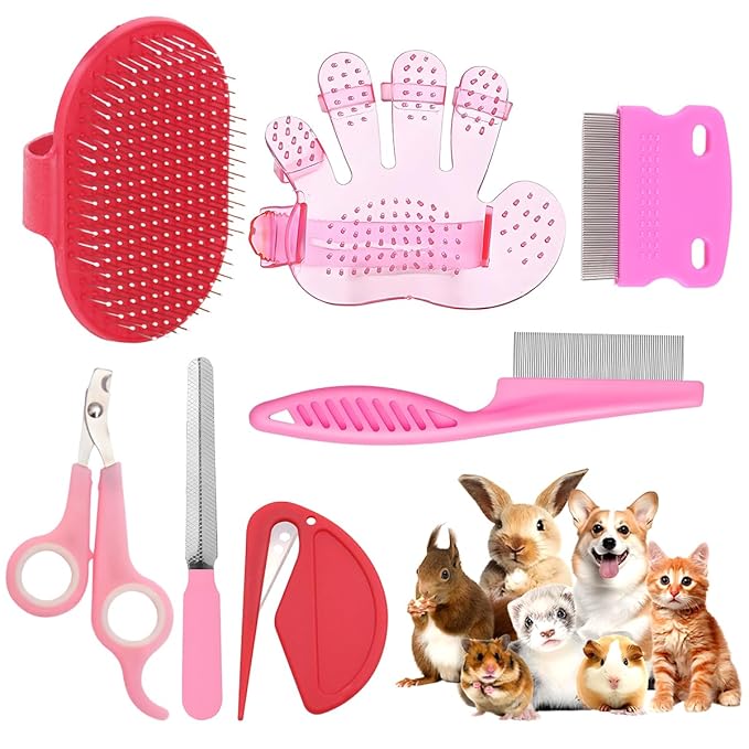 Rabbit Grooming Kit – Bunny Grooming Kit with Shedding Brush, Nail Clippers &amp; Comb – Small Animal Grooming Supplies for Rabbits, Guinea Pigs, Hamsters, Ferrets - Small Pet Shedding &amp; Care (Pink)