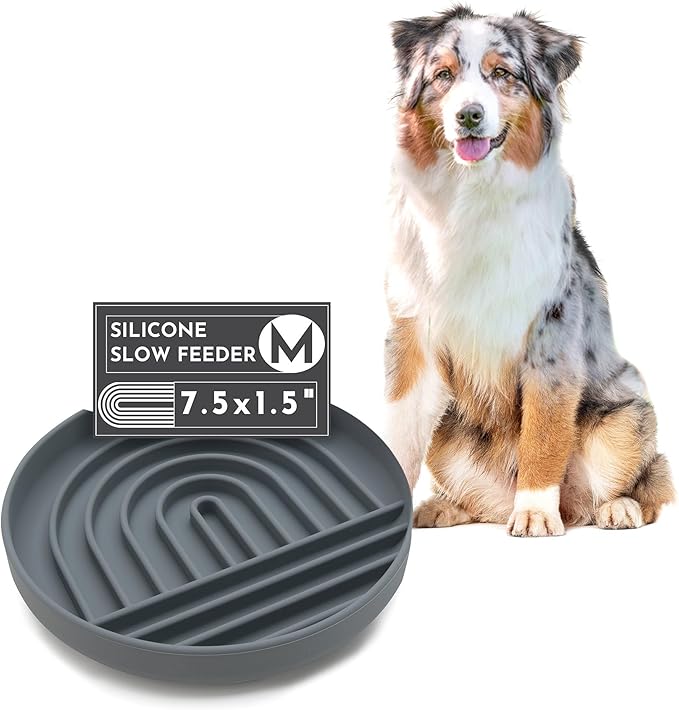 The Slowdown Bowl Silicone Slow Feeder for Dogs &amp; Puppies, Slow Eating, Modern Lick Mat Design, Reduces Gulping, Fits 2 Cups 7.5” Across x 1.5” Tall, Mealtime Challenge, Medium-Charcoal