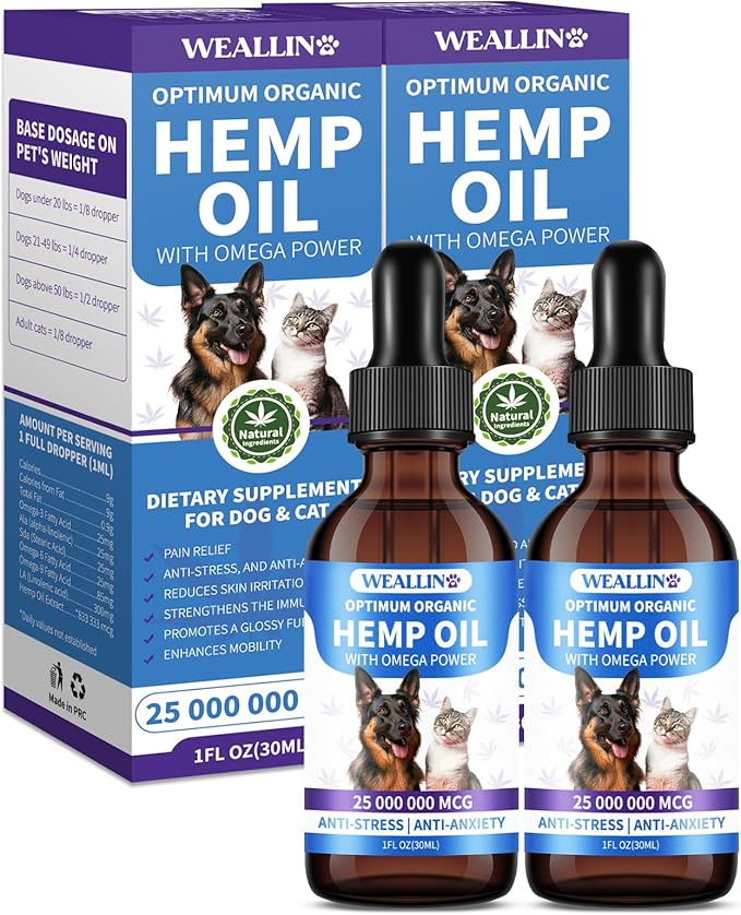 Hemp Seed Oil for Dogs and Cats - Omega-3, 6, 9 Rich Organic Extract - Eases Pet Anxiety, Pain, Skin &amp; Coat Health - Stress Relief, Hip &amp; Joint Support - Calming Treats (2 Pack)