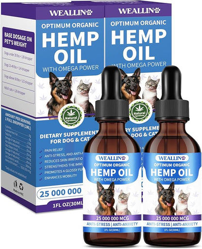 Hemp Seed Oil for Dogs and Cats - Omega-3, 6, 9 Rich Organic Extract - Eases Pet Anxiety, Pain, Skin &amp; Coat Health - Stress Relief, Hip &amp; Joint Support - Calming Treats (2 Pack)