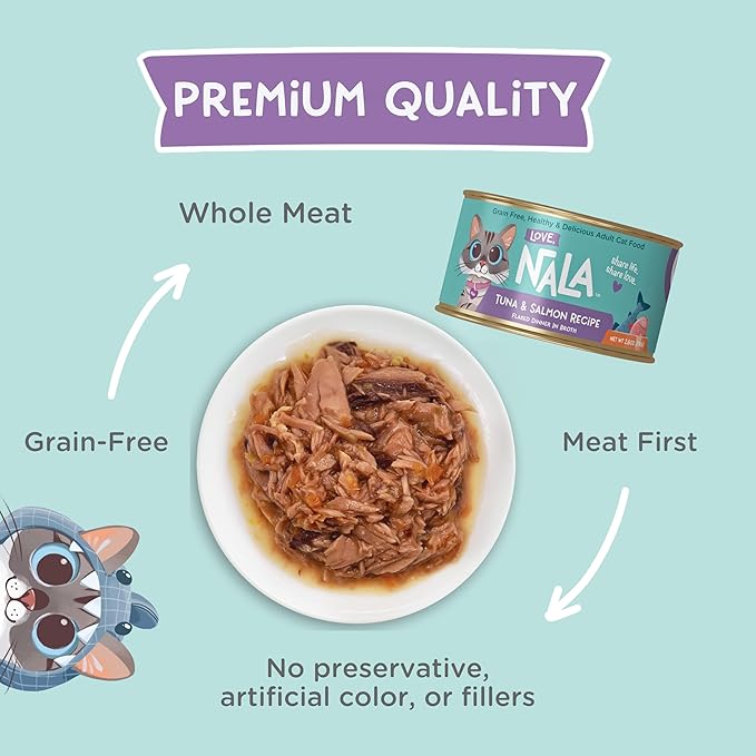 LOVE, NALA - Natural Adult Cat Wet Food - FLAKED Tuna and Salmon in Broth- Grain Free, Non-GMO, Lean Protein, Omega 3, Added Minerals &amp; Vitamins - 12 Pack 2.4 lbs.