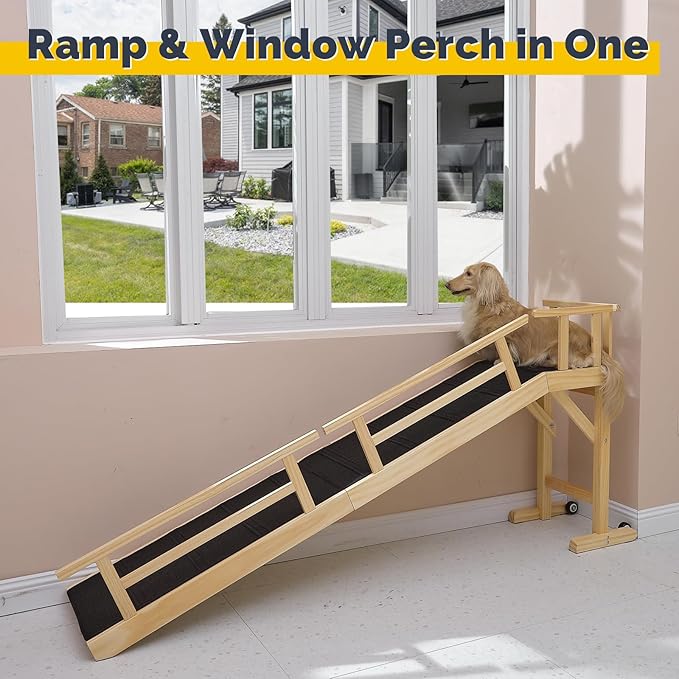 Dog Ramp for Bed or Couch, Wooden Pet Ramp with 20° Gentle Slope, Removable Side Rails, Non-Slip Surface, Top Platform &amp; Wheels, Safe Bed Ramp for Small, Medium &amp; Senior Dogs, 74" Long, Natural