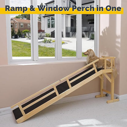 Dog Ramp for Bed or Couch, Wooden Pet Ramp with 20° Gentle Slope, Removable Side Rails, Non-Slip Surface, Top Platform &amp; Wheels, Safe Bed Ramp for Small, Medium &amp; Senior Dogs, 74" Long, Natural