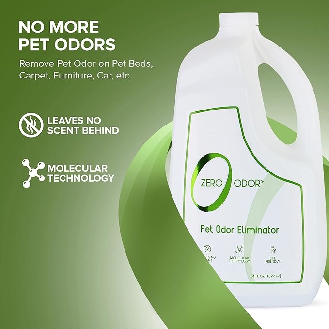 Zero Odor - Pet Odor Eliminator for strong odor, Eliminate Air &amp; Surface Odors – Patented Molecular Technology Best For Carpet, Furniture, Beds Smell Great Again, 64oz Refill