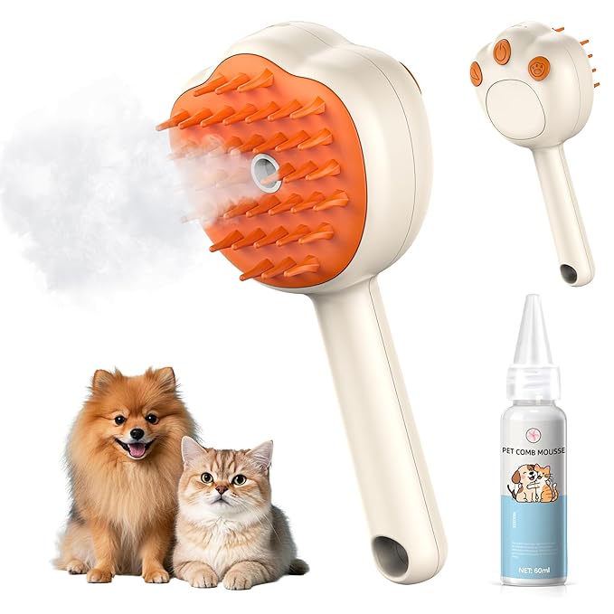 Steam Cat Brush, 6-in-1 Dog Brush Spritz Defur Comb with Pet Waterless Shampoo, Steamy Skin Friendly Deshedding Grooming Tool, Suitable for Shedding &amp; Haired Pets, Pet Supplies Accessories, Yellow