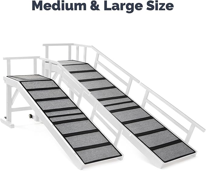 Dog Ramp for Bed or Couch, Wooden Pet Ramp with 20° Gentle Slope, Removable Side Rails, Non-Slip Surface, Top Platform &amp; Wheels, Safe Bed Ramp for Small, Medium &amp; Senior Dogs, 60" Long, White