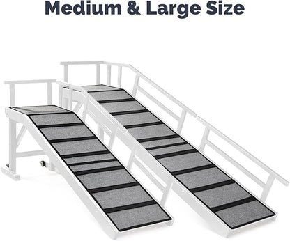 Dog Ramp for Bed or Couch, Wooden Pet Ramp with 20° Gentle Slope, Removable Side Rails, Non-Slip Surface, Top Platform &amp; Wheels, Safe Bed Ramp for Small, Medium &amp; Senior Dogs, 60" Long, White