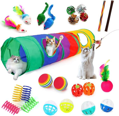 iCAGY 25-Piece Cat Toys Kit with Rainbow Tunnel - Interactive Cat Toy Bundle for Indoor Cats, Kitten Playtime Variety Set Includes Feather Teaser, Springs, Balls, Mice &amp; Noise Toys