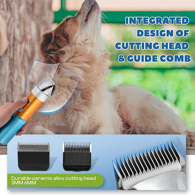 Dog Clippers for Grooming Cordless 400W with Rechargeable 5h-Standby Battery, Low Noise < 50db, Heavy-Duty Pet Hair Shaver Kit, with 2 Sharp &amp; Detachable Blades of 3MM&amp;6MM, Blue