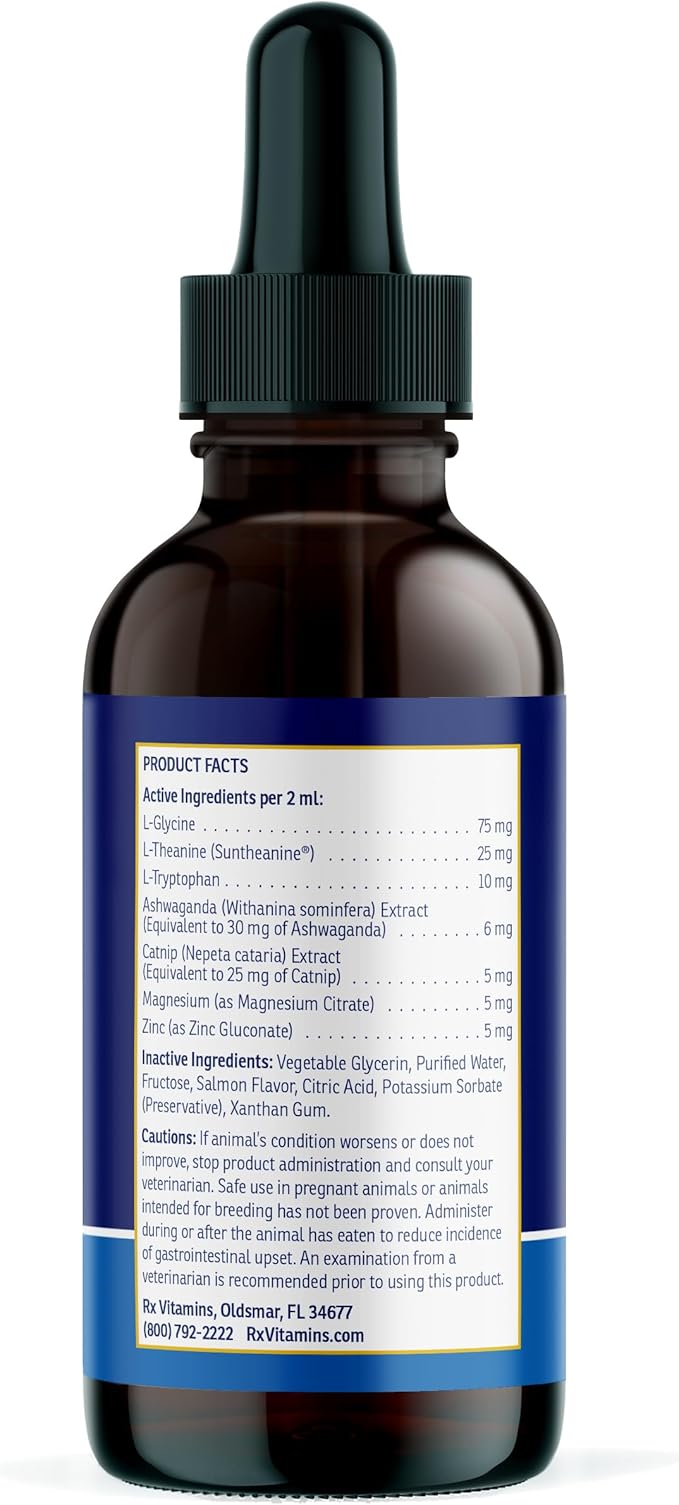 Rx Vitamins Liquid NutriCalm Cat &amp; Small Dog Anxiety Relief - Sleep Aid - Calming Supplement - Dog Bark Control &amp; Stress Relief - Salmon Flavor - 4 oz