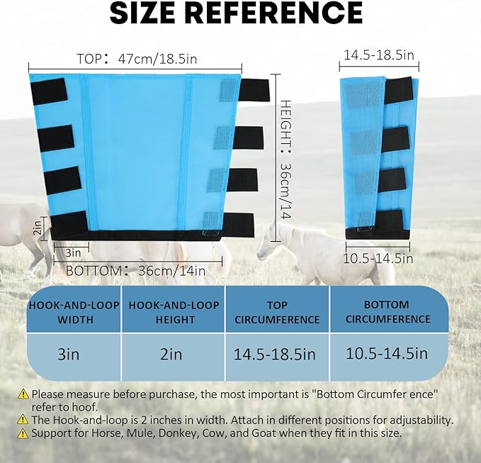 Premium 4-Pack Horse Fly Boots &amp; Leggings Loose-Fit Fine Mesh with Stay-On Fasteners, Support Strips &amp; Anti-Stomp Design Breathable Non-Slip Protection Leg Wrap (Large) Sky - Blue