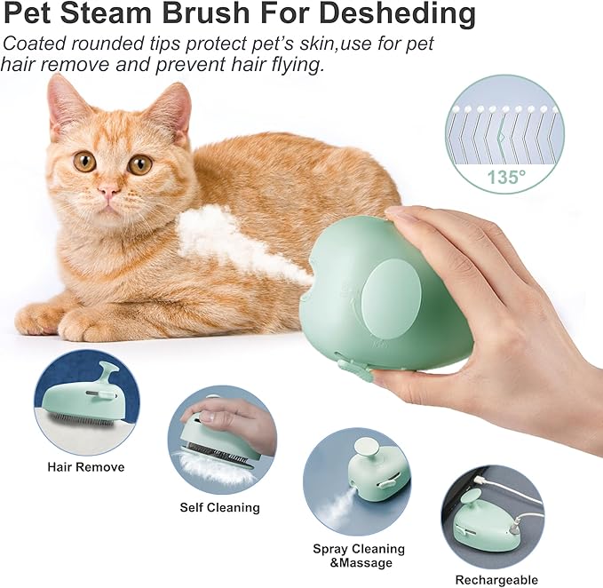 Cat Steam Brush for Shedding,Self Cleaning Cat Brush with Steam,Rechargeable Pet Steam Brush,Mist Brush Comb for Indoor Cats,Cat Hair Brush,Steamy Cat Brush for Short&amp;Long Haired Pets.(Green)