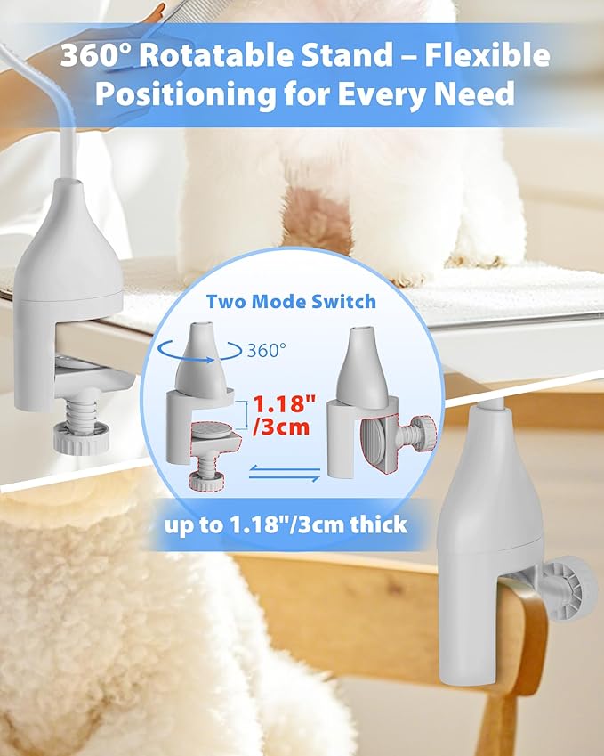 2-in-1 Hands-Free Dog Hair Dryer with Table Clamp – Low Noise Pet Grooming Dryer for Dogs &amp; Cats, Adjustable Heat &amp; Speed, Wearable or Desktop Use(Gray)