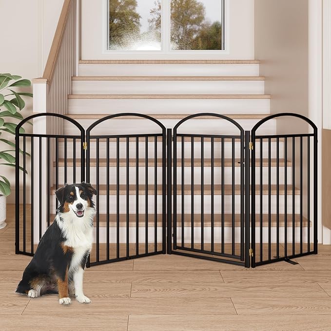4 Panles Full Matel Freestanding Dog Gates with Door, 96"Extra Wide 36"Tall Free Standing Dog Pet Gate for Indoor &amp; Outdoor. Foldable Pet Fences for Doorways, House, Stairs, Porch, Deck, Yard