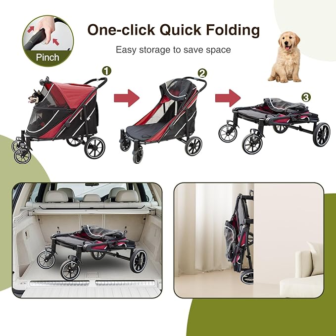Dog Stroller for Medium/Large Dogs One-Click Folding, Extra Large Pet Stroller for 2 Dogs with Storage Pocket &amp; Shock Absorption, Up to 130 lbs, Red