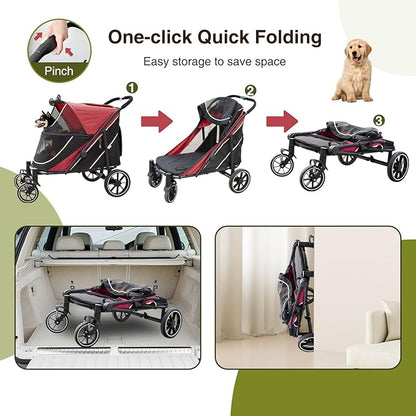 Dog Stroller for Medium/Large Dogs One-Click Folding, Extra Large Pet Stroller for 2 Dogs with Storage Pocket &amp; Shock Absorption, Up to 130 lbs, Red