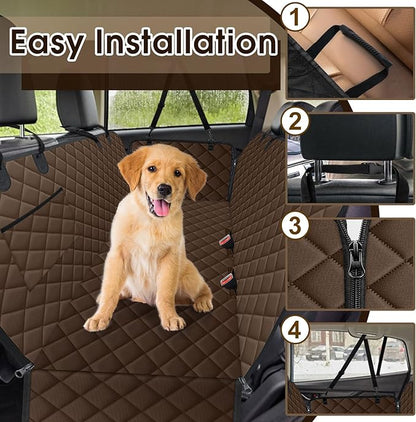 Waterproof Dog Car Seat Cover for Back Seat - Durable, Scratch Proof Pet Hammock with Nonslip Design &amp; Storage Pockets, Fits Cars, SUVs, Trucks - L, Coffee/Black