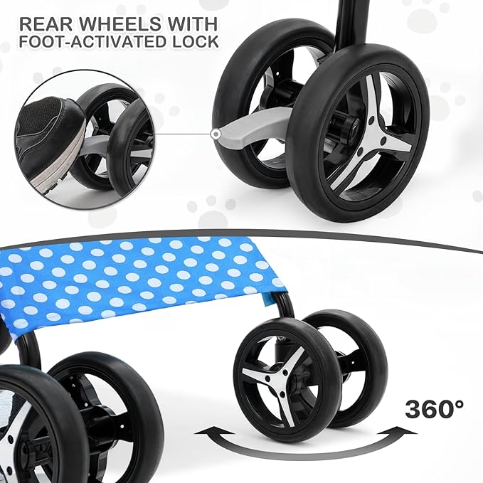 MoNiBloom 4 Wheels Pet Stroller, Easy-Fold Umbrella Shaped Dog Cat Jogger Stroller w/Storage Bag &amp; Visible Mesh for Small/Medium Dogs Cats Sky Blue Polka Dots