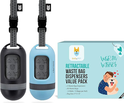 SVD.PET [2-Pack] Retractable Waste Bag Dispensers Gift Set, 2 Pet Waste Bag Holders with 60 large Waste Bags, Dog Walking Accessory Gift Value Pack (Black &amp; Columbia Blue)