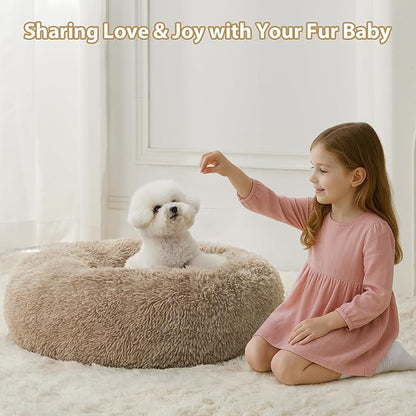 WNPETHOME Calming Dog Bed &amp; Cat Bed,Small Dog Bed Donut Design Faux Fur Anti-Anxiety Dogs Beds,Fluffy Pet Cushion Pet Beds for Small Dogs and Cats (20 x 20 Inch, Brown)
