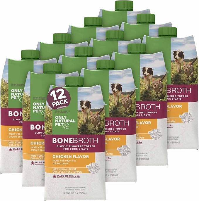 Only Natural Pet Bone Broth Chicken Flavor Dog &amp; Cat Meal Topper, 100% Human-Grade Slow-Simmered, Free-Range for Dry Food or to Hydrate Dehydrated Food - (12-Pack / 11,16 oz Each)