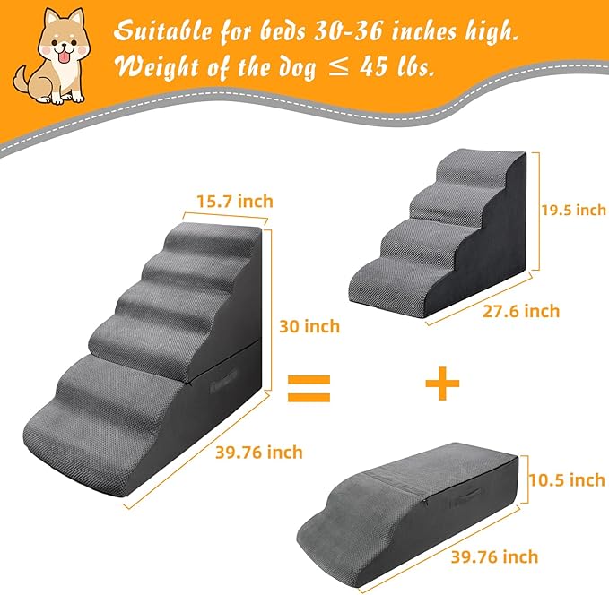 Dog Stairs&amp;Steps for 30 Inches Tall High Bed, Pet Dog Ramp Ladder for Small Medium Dogs, Doggie, Old Cats, Kitty, Small Animals(Grey, Up to 30-36 Inch Tall Bed)