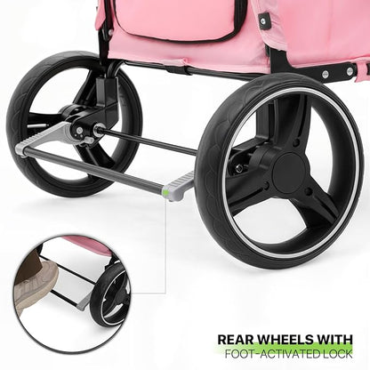 Magshion Pet Stroller for Medium Dogs w/Adjustable Handle, 3-Wheel Dog Cat Wagon w/Dual Entry, Rear Storage, Breathable Mesh, One-Foot Brake, Ideal for Large Pets up to 55 lbs, Pink