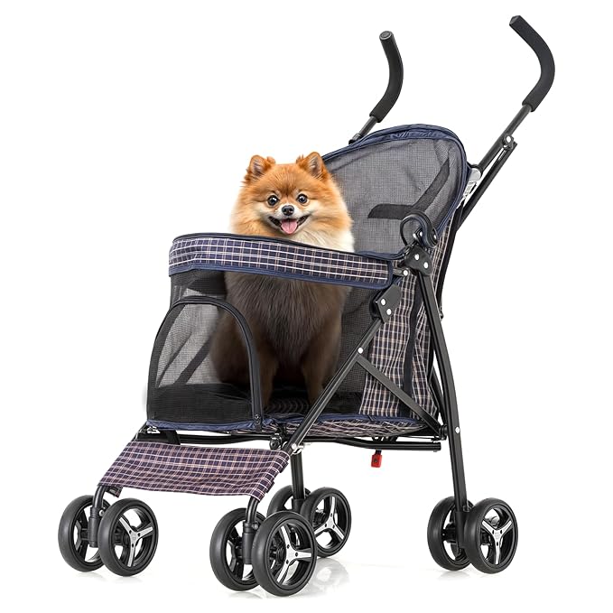 MoNiBloom 4 Wheels Pet Stroller, Easy-Fold Umbrella Shaped Dog Cat Jogger Stroller w/Storage Bag &amp; Visible Mesh for Small/Medium Dogs Cats Plaid
