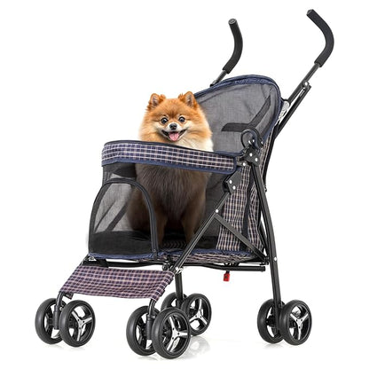MoNiBloom 4 Wheels Pet Stroller, Easy-Fold Umbrella Shaped Dog Cat Jogger Stroller w/Storage Bag &amp; Visible Mesh for Small/Medium Dogs Cats Plaid