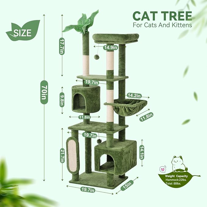 Hoopet 70-Inch Large Cat Tree for Multiple Cats Cat Tower with 2 Condos, Scratching Posts, Hammock &amp; Platform, Plush Perch for Indoor Activity Relaxing Easy Assembly Green