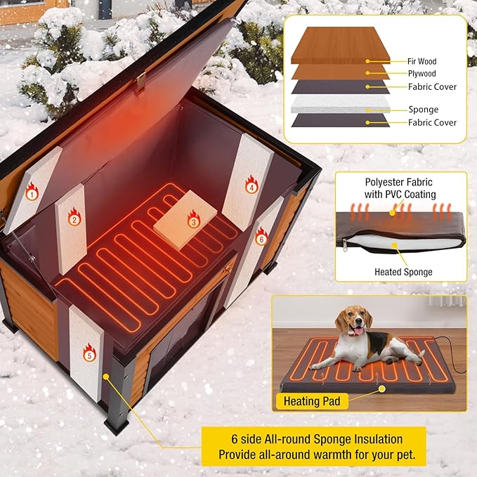 Aivituvin Dog House Outdoor Heated Dog Kennel with Insulated Liner &amp; Heater for Winter Strong Iron Frame Large Dog Cage for Small &amp; Medium Dogs,33.5"