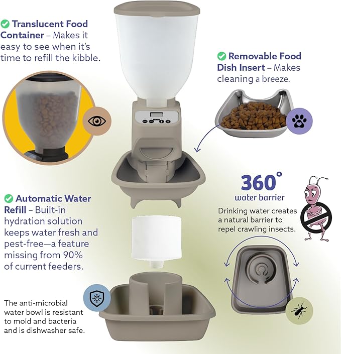 Automatic Dog &amp; Cat Food Feeder with Water Dispenser – Smart Pet Feeder with Portion Control, OLED Display, Anti Jam Design, Battery Operated Dispenser for Small Pets - Taupe